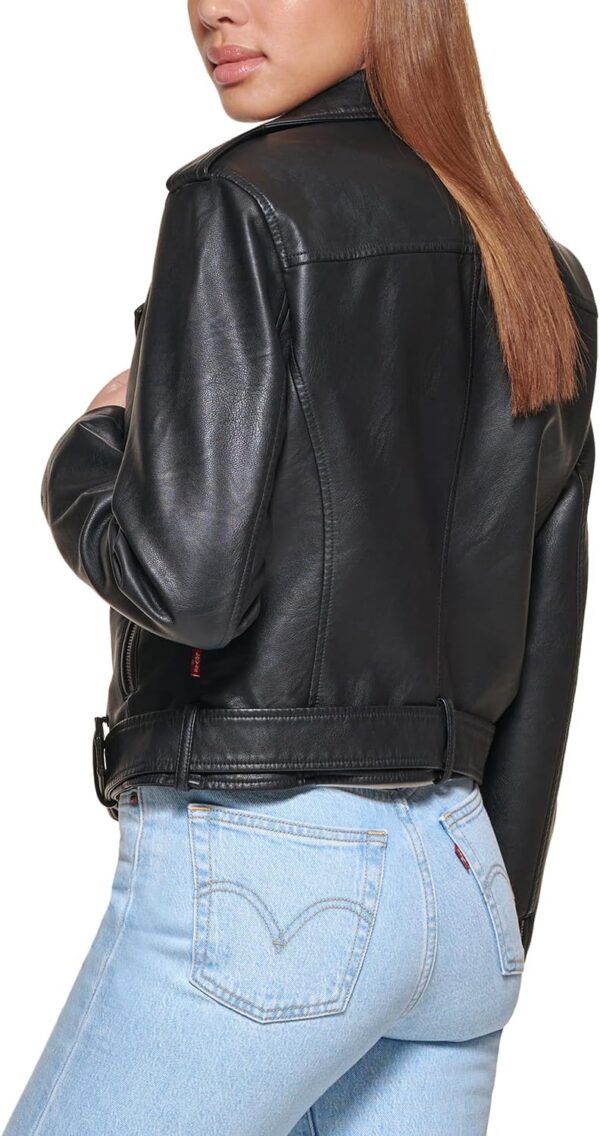 Best women's faux leather moto jacket by Levi's, belted style view