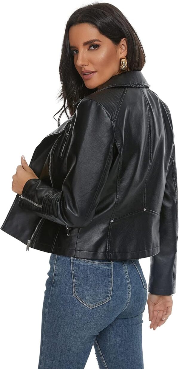 Fahsyee women's vegan leather moto jacket in black front view