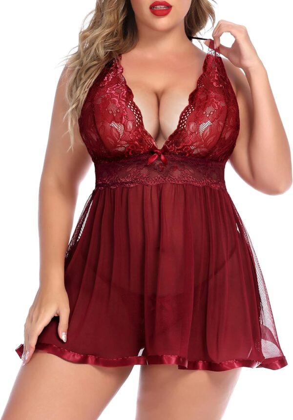 Plus size babydoll lingerie in lace and mesh design, front view