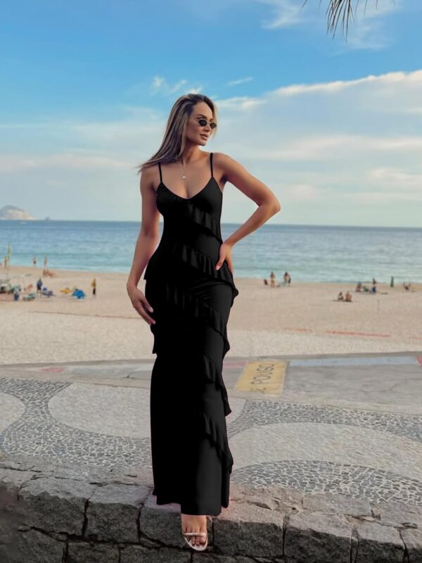 Women's sexy backless bodycon dress with ruffle detailing and spaghetti straps