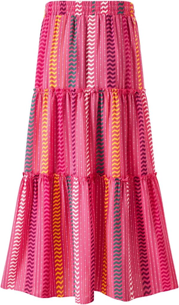 Women's boho floral maxi skirt with ruffle hem in vibrant summer colors