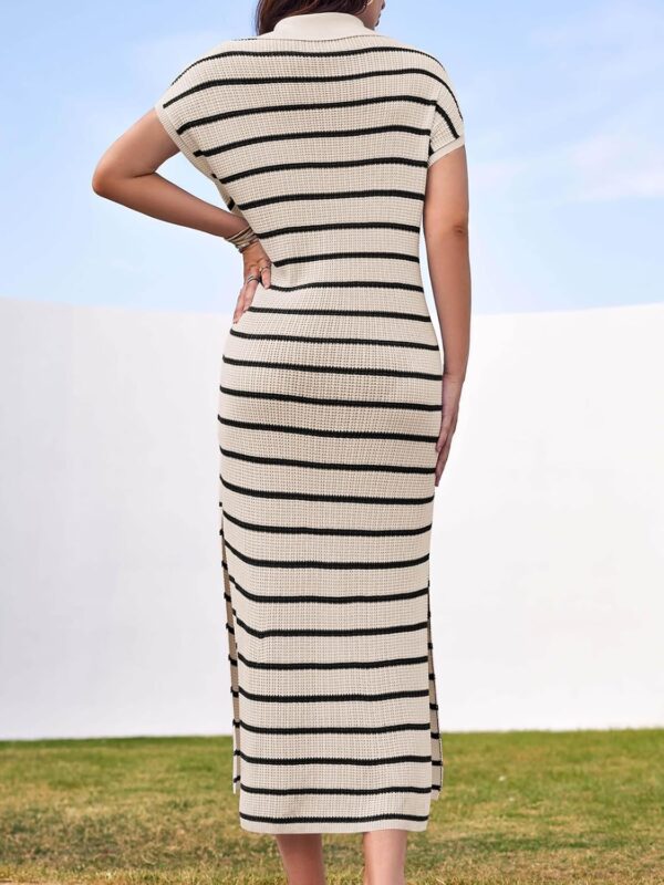 Women's striped summer maxi dress in v-neck design, short sleeves, and loose fit