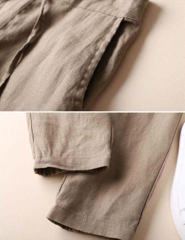 Women's ankle-length linen tapered pants with elastic drawstring waist