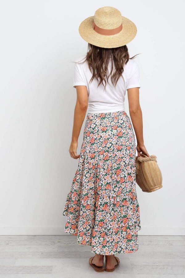 Floral print boho women's midi skirt with high waist and high low hem