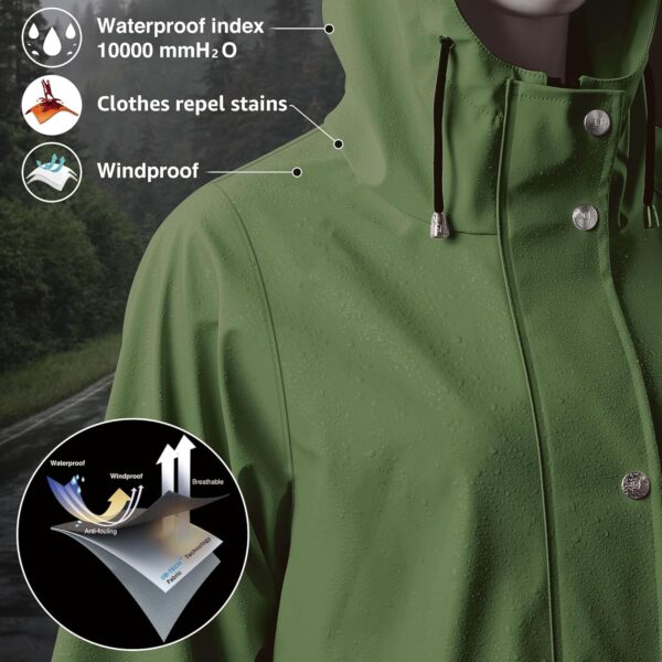 Women's long hooded waterproof rain jacket in stylish teal color