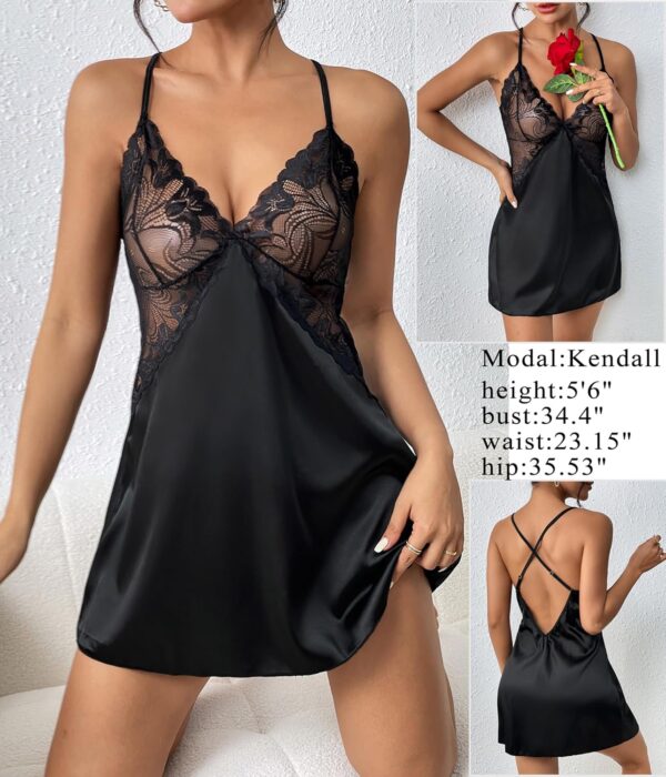 Women's satin lace chemise mini teddy in black, V neck design