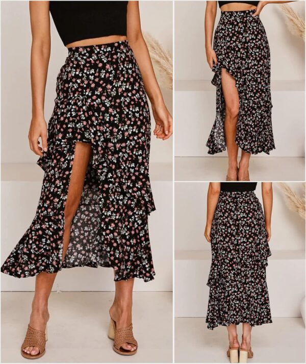 Women's floral print high low bohemian maxi skirt front view