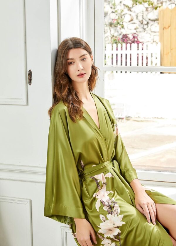 Women's silk kimono bathrobe with floral patterns, side view