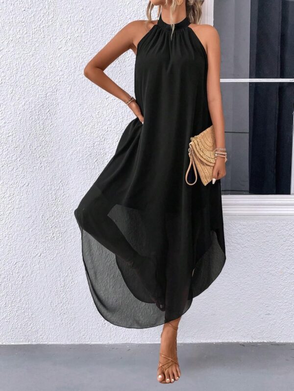 Women's flowing asymmetrical maxi dress in halter style, perfect for weddings