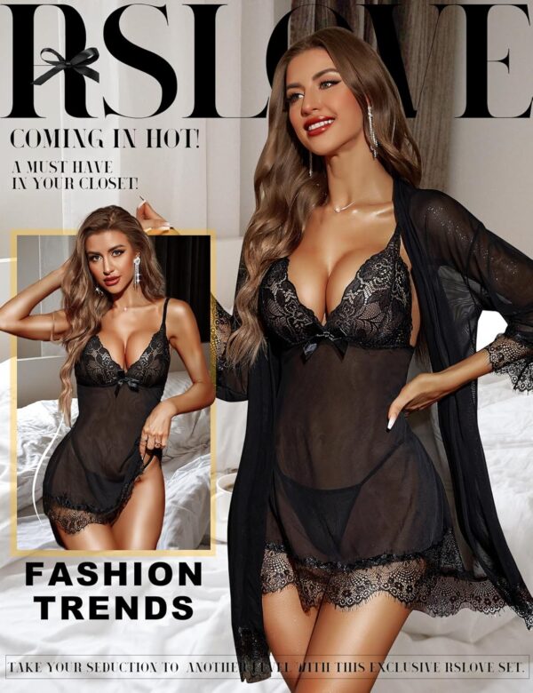 Women's 3-piece sexy lingerie set featuring a lace robe and bralette