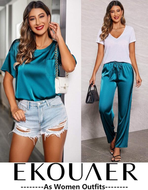 Ekouaer women's comfortable satin pajama set with short sleeve shirt and long pants