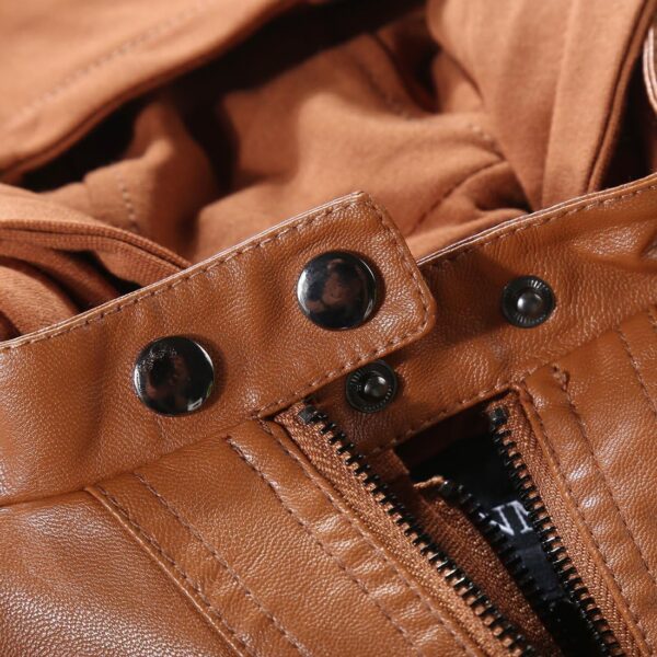 Women's faux leather jacket with removable hood displayed front view