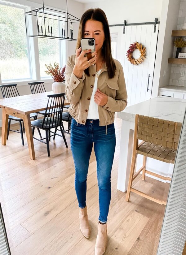 Women's lightweight military cropped jacket button-down front view