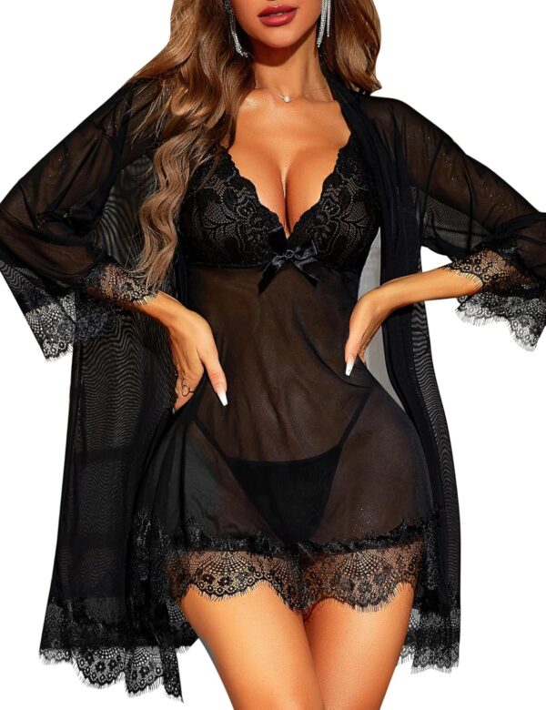 Women's sexy 3-piece lingerie set with lace bralette and babydoll robe