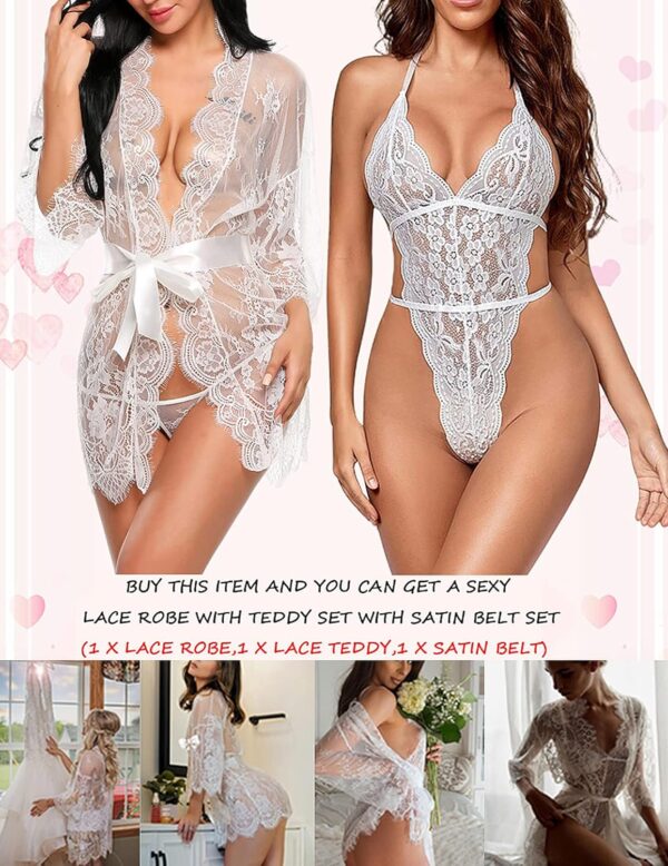 Women's sexy two-piece lace kimono robe and teddy lingerie set in black