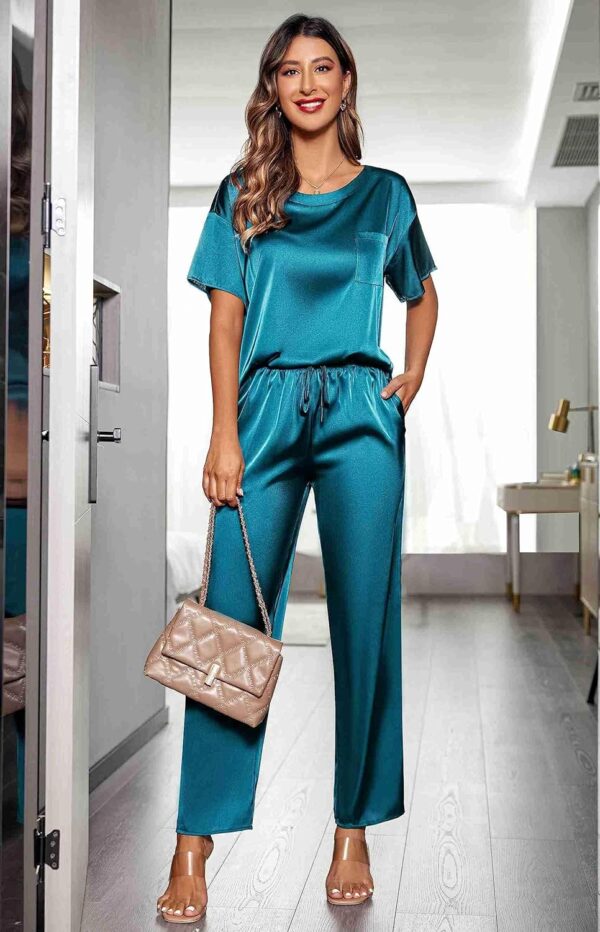Ekouaer women's comfortable satin pajama set with short sleeves and long pants