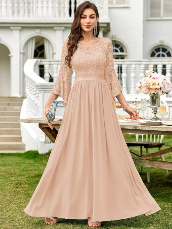 Elegant women's black sequin lace maxi evening dress with bell sleeves