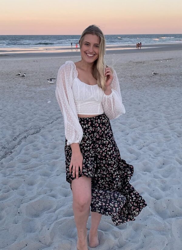 Women's floral print high-low maxi skirt with ruffle design