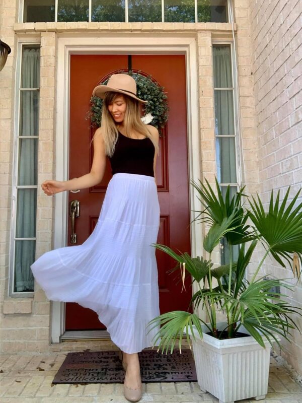 Flared A-line chiffon maxi skirt for women shown in elegant flowy style
