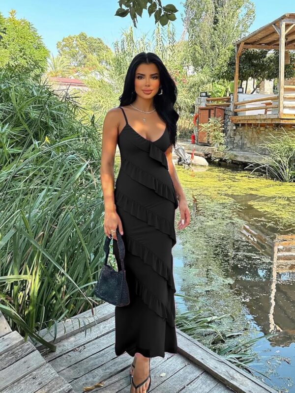 Women's sexy backless bodycon dress with elegant ruffles and spaghetti straps