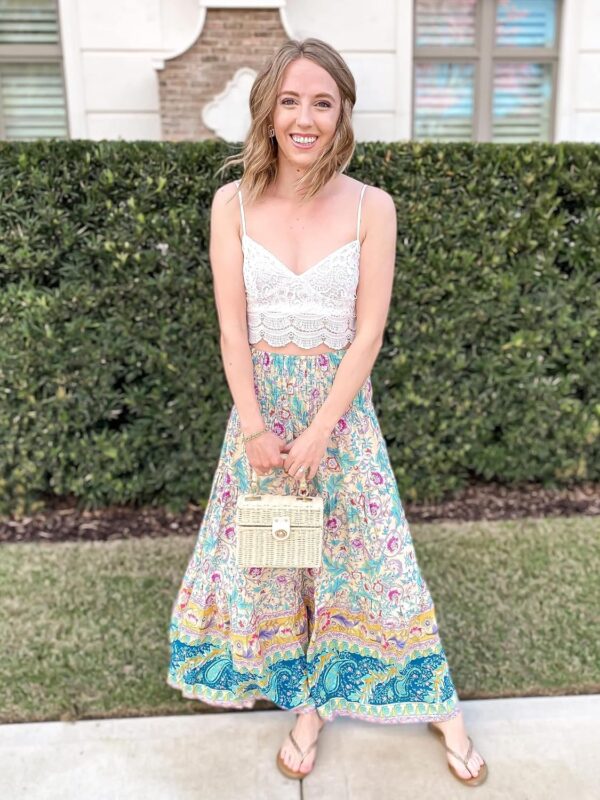 CFLONGE floral maxi skirt high waist A-line front view on model
