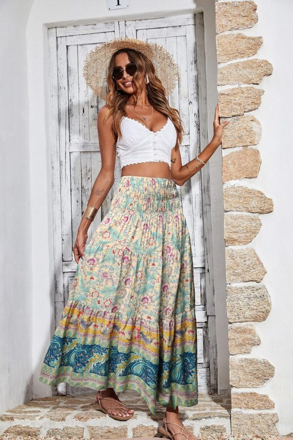 Women’s high waist floral maxi skirt with A-line cut, ideal for summer outfits