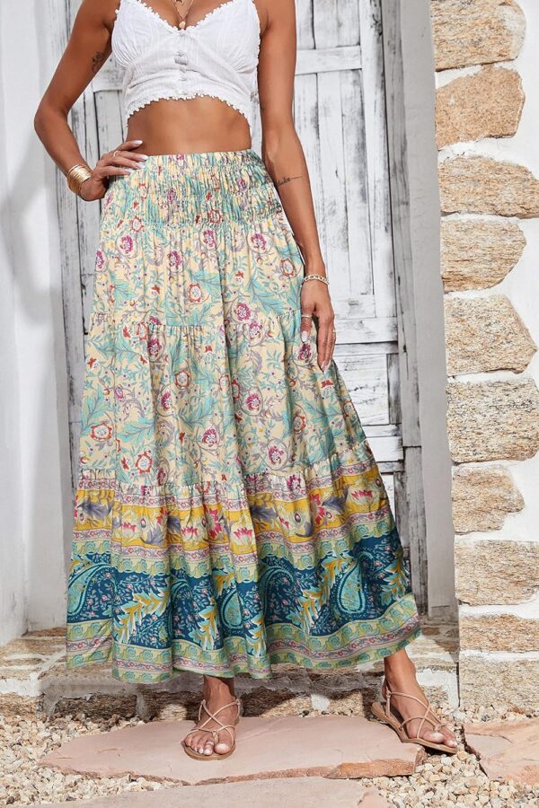 CFLONGE floral maxi skirt for women with high waist A-line style