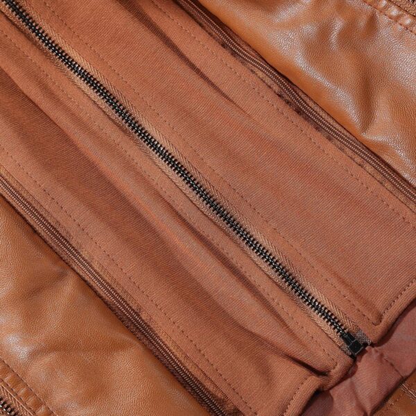Women's faux leather jacket with removable hood styled for fashion
